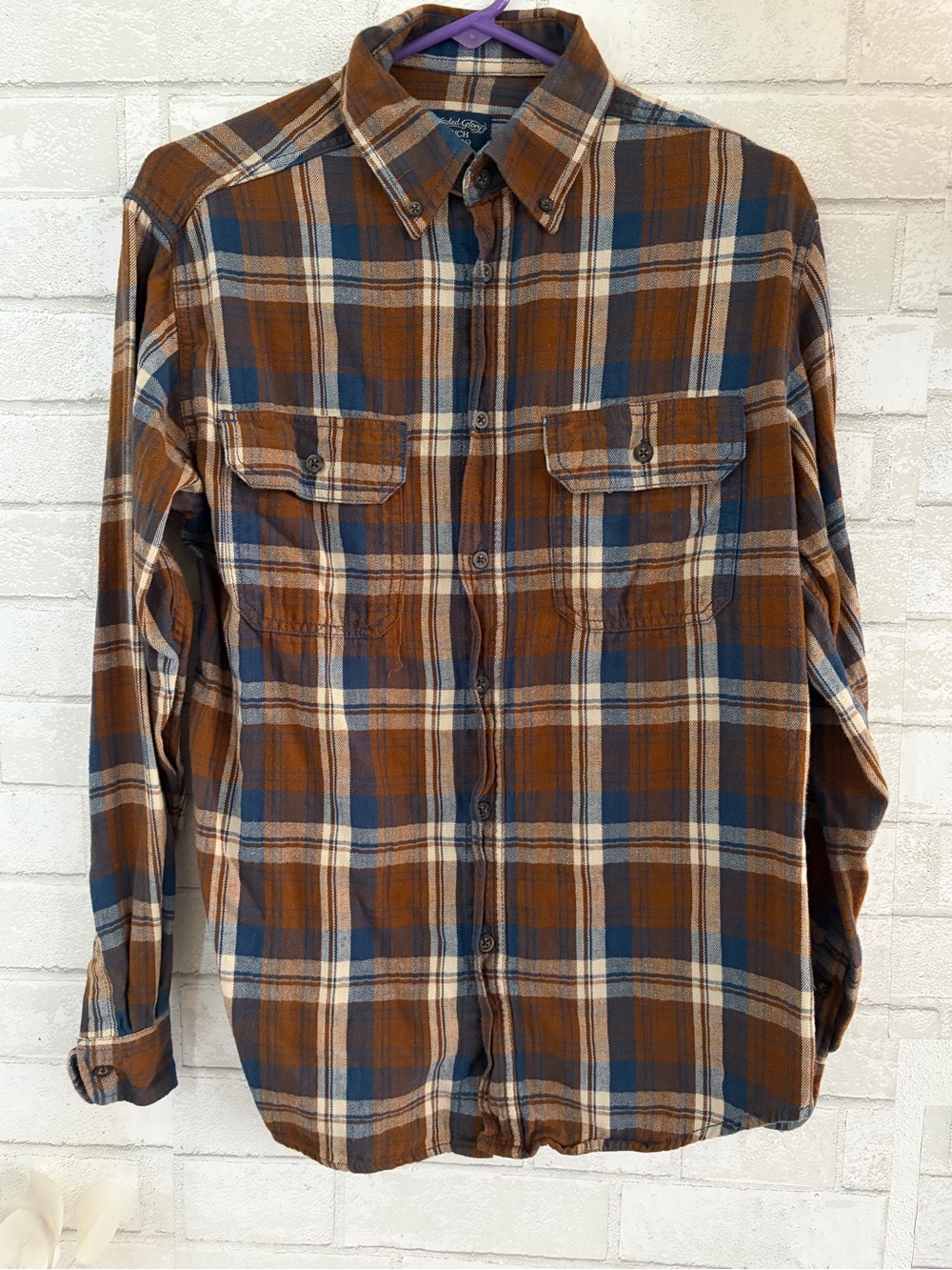 Faded Glory Brown, Blue & Cream Plaid Button-Down Shirt